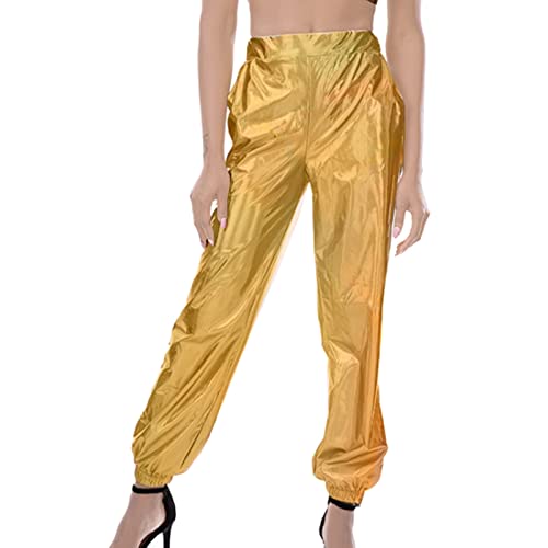 Damen Freizeithose Metallisch Glänzende Jogginghose Hosen Hohe Taillen Lose Sport Leggings Mode Glitzer Hose Elegant Freizeit Elastischer Sweathose Bund Lang Partys Club Kleidung (B-Gold, L) von Generic