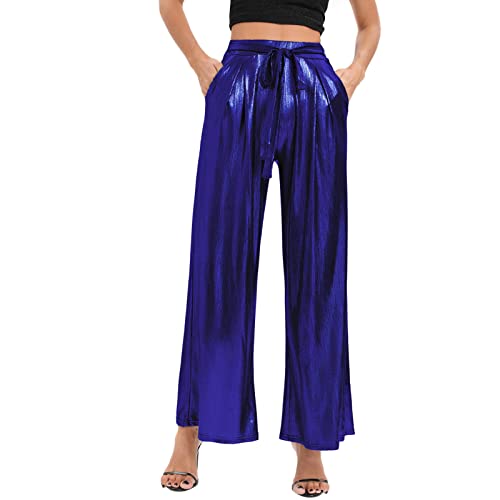 Damen Freizeithose Metallisch Glänzende Jogginghose Hosen Hohe Taillen Lose Sport Leggings Mode Glitzer Hose Elegant Freizeit Elastischer Sweathose Bund Lang Partys Club Kleidung (Blue, S) von Generic