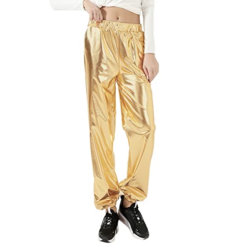 Damen Freizeithose Metallisch Glänzende Jogginghose Hosen Hohe Taillen Lose Sport Leggings Mode Glitzer Hose Elegant Freizeit Elastischer Sweathose Bund Lang Partys Club Kleidung (D-Gold, M) von Generic