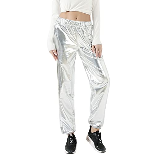 Damen Freizeithose Metallisch Glänzende Jogginghose Hosen Hohe Taillen Lose Sport Leggings Mode Glitzer Hose Elegant Freizeit Elastischer Sweathose Bund Lang Partys Club Kleidung (D-Silver, XL) von Generic