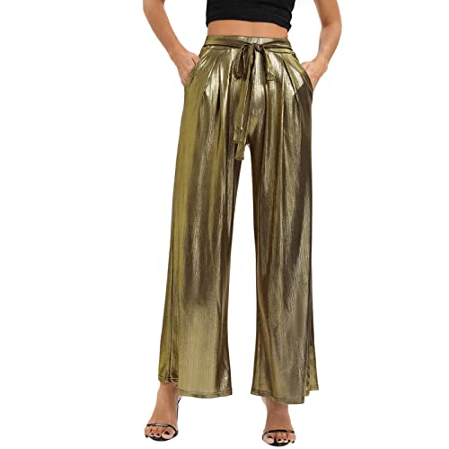 Damen Freizeithose Metallisch Glänzende Jogginghose Hosen Hohe Taillen Lose Sport Leggings Mode Glitzer Hose Elegant Freizeit Elastischer Sweathose Bund Lang Partys Club Kleidung (Gold, S) von Generic