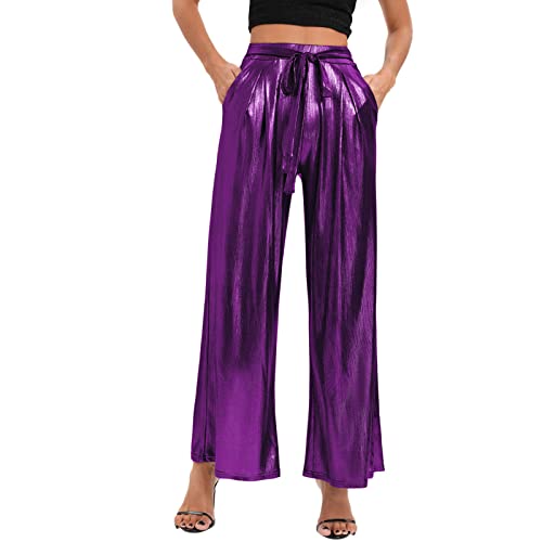 Damen Freizeithose Metallisch Glänzende Jogginghose Hosen Hohe Taillen Lose Sport Leggings Mode Glitzer Hose Elegant Freizeit Elastischer Sweathose Bund Lang Partys Club Kleidung (Purple, L) von Generic