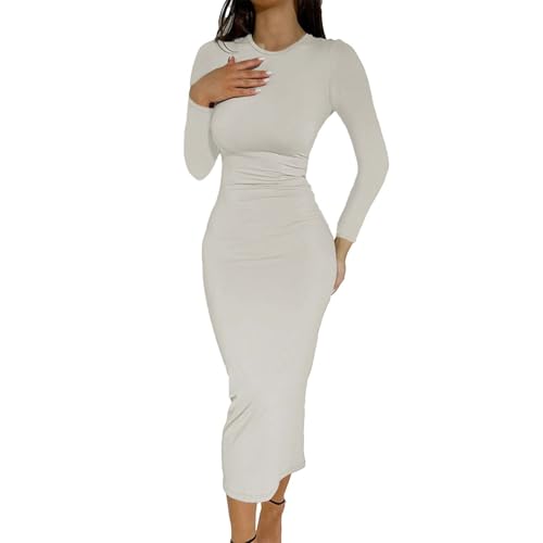 Damen Freizeitkleid Rundkragen Langarm Kleid Bodycon Enges Figurbetontes Bleistiftkleid Elegant Schlanke Abendkleider Business Cocktailkleid Lounge Midikleid HIPS-Wrapped Kleid(Beige,L) von Generic