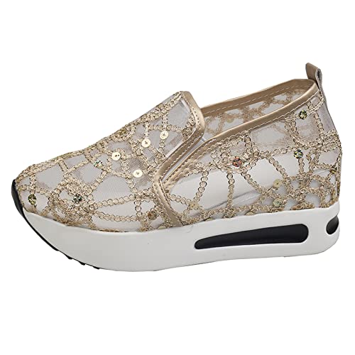 Damen Freizeitschuhe Atmungsaktive Gestrickte Netz Einzelschuhe Flache Sohle Bequem Leicht Flexibel Alltagsschuhe Modisch Sportlich Elegant (Gold, 39) von Generic
