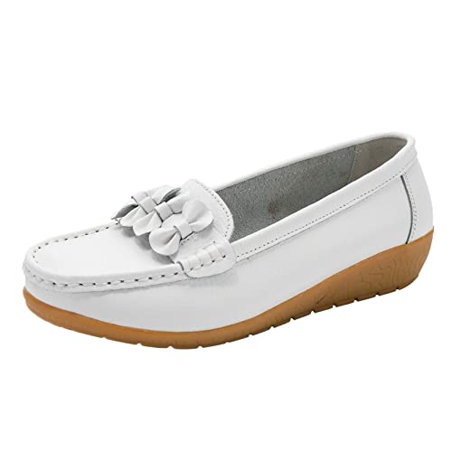 Damen Freizeitschuhe Bequem Slip On Loafer Weich Wandern Gehen Autofahrer Mokassins Elegant Leicht Flexibel Alltag (White, 38) von Generic