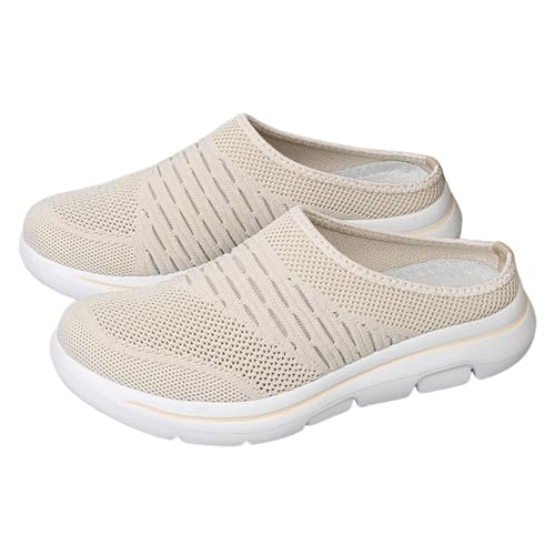 Damen Freizeitschuhe Flyweave Mesh Sommersandalen Bequeme Flip Flops Atmungsaktiv Leicht Einfarbig Strandschuhe (Beige, 42) von Generic