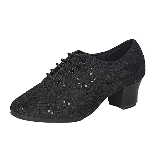 Damen Freizeitschuhe Pailletten Design Weiche Sohle Atmungsaktiv Bequem Quadratabsatz Tanzschuhe Runde Kappe rutschfest (Black, 38) von Generic