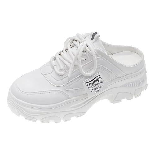 Damen Freizeitschuhe Sportlich Bequem Block Zehe Design Halbe Hausschuhe Modische Weiße Sneaker Für Alltag Fitness (White, 39) von Generic