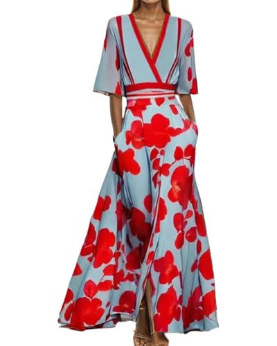 Damen Frühling Floral Bedrucktes Maxikleid Elegant V-Ausschnitt Gürtel Sommer Hochzeit Prom Cocktail Strandkleider (Red01,S) von Generic