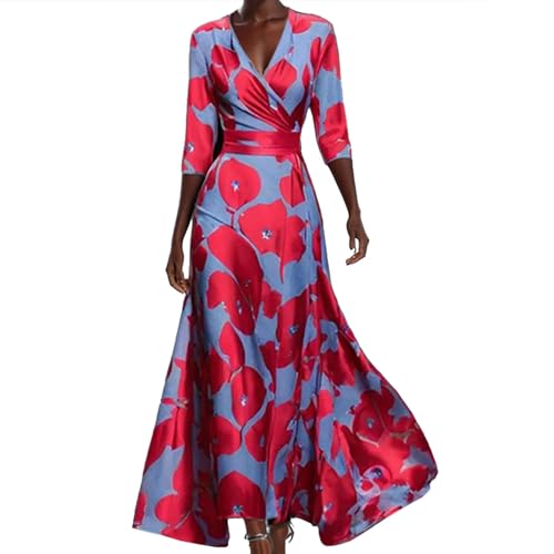 Damen Frühling Floral Bedrucktes Maxikleid mit Taschen Sommer Elegant V-Ausschnitt Gürtel Hochzeit Prom Strandkleider (Rot-b,3XL) von Generic