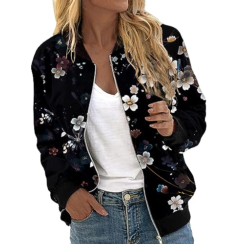 Damen Frühling Sommer Bomberjacke Blumenmuster Reißverschluss Jacket Fliegerjacke von Generic