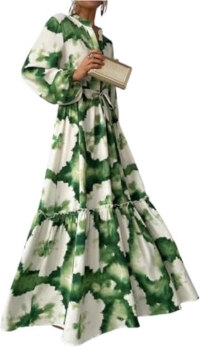 Damen Frühling Sommer Kleider Boho Print V-Ausschnitt Puff Langarm A Line Maxikleid Flowy Beach Sundress (Grün,XL) von Generic