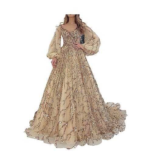 Damen Frühling Sommer Langarm Kleider Damen Elegantes Elegante Einfacher Stil Abendkleid Gold Schwere Arbeit Perlen Deluxe Elegante Abendkleid Celebrity Empress Langes Kleid (Color : GOLDEN, Einheit von Generic