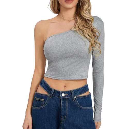 Damen Frühling Sommer One Shoulder Crop Tops Langarm T-Shirts Streetwear-GRAU-S von Generic