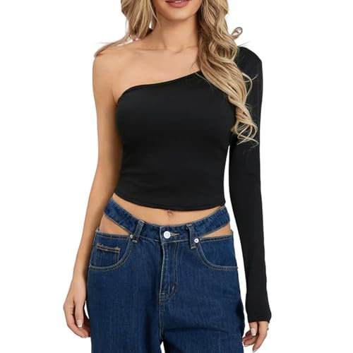 Damen Frühling Sommer One-Shoulder-Cropped-Tops Langarm-T-Shirts Streetwear-Schwarz-S von Generic