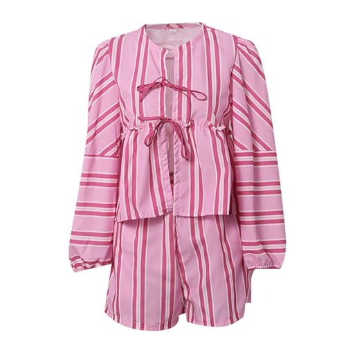 Damen Frühlingsmode Casual Lace Up Langarm Shorts Temperament Set Wäscheset Damen (Pink, M) von Generic