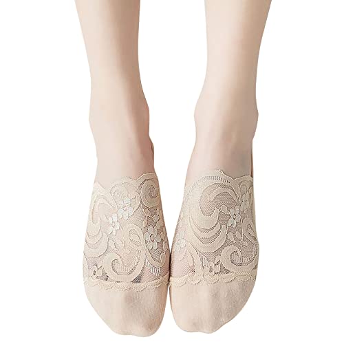 Damen Füßlinge Spitze Unsichtbare Socken, Low Cut Liner Unsichtbare Socken mit Rutschfest Silikon, Weiche Atmungsaktive Bootssocken Ballerina Socken für Loafer Sneakers Bootsschuhe (Beige, 18-40 Year) von Generic