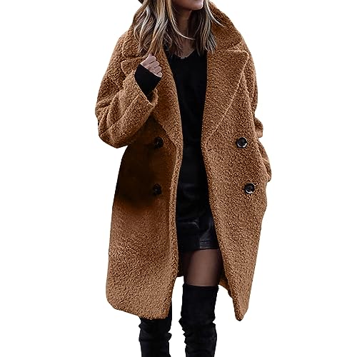 Damen Fuzzy Mantel 2023 Revers Lange Ärmel Wollmantel Warm Faux Fur Outwear Sherpa Jacket Elegant Cardigan Winterjacke Teddyfell Wintermantel Trenchcoat Wolle Fleecejacke von Generic