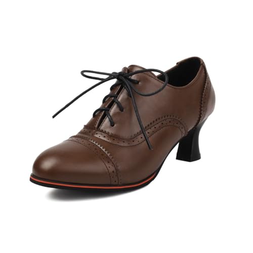 Damen Geschlossene Runde Spitze Oxford Schuhe Barock Retro Geschnitzt Britischer Stil Schnürschuhe Casual Vintage Lederschuhe,Braun,40 EU von Generic