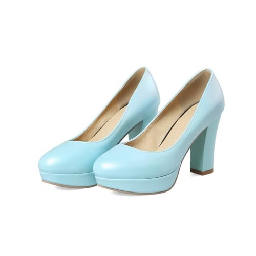 Damen Geschlossene Runde Zehe PU Leder Court Schuhe Hoher Stämmiger Ferse Plateau Pumps Slip Auf Partei Abschlussball Kleid Schuhe,Blau,35.5 EU von Generic