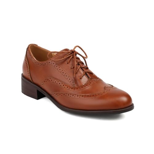 Damen Geschlossene Runde Zehen Brogue Oxfords Schnüren Bürokleid Schuhe Niedriger Blockabsatz Formelle Schuhe,Braun,42 EU von smlekwc