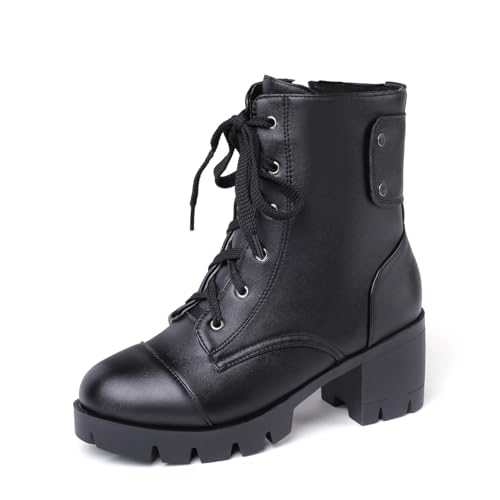 Damen Geschlossene Runde Zehen Kurze Stiefel Mit Reißverschluss Mittlerer Stämmiger Absatz Kampf-Stiefeletten Schnüren Stiefel Aus PU-Leder,Schwarz,44 EU von Generic