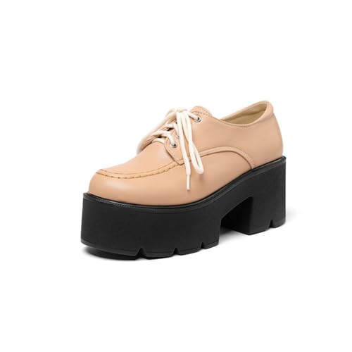 Damen Geschlossene Runde Zehen Loafer Hoher Blockabsatz Plateau Büro Schuhe Schnürung Formelle Anzugschuhe,Apricot,37 EU von SMAALEB