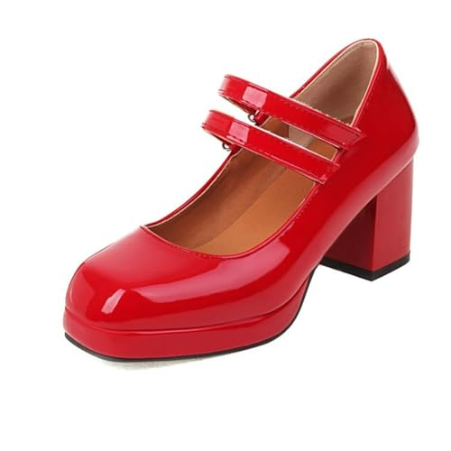 Damen Geschlossene Runde Zehen Mary Janes Mit Schnalle Hoher Blockabsatz Plateau Pumps PU Leder Kleid Schuhe,Rot,41 EU von Generic