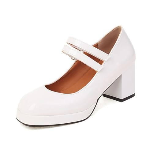 Damen Geschlossene Runde Zehen Mary Janes Mit Schnalle Hoher Blockabsatz Plateau Pumps PU Leder Kleid Schuhe,Weiß,37 EU von Generic