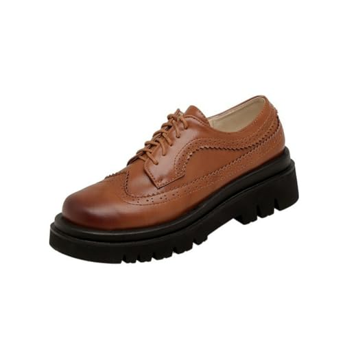 Damen Geschlossene Runde Zehen Oxford Schuhe PU Leder Plateau Vintage Brogues Schnüren Büroschuhe,Braun,41.5 EU von Generic