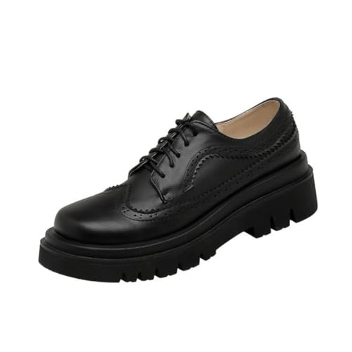 Damen Geschlossene Runde Zehen Oxford Schuhe PU Leder Plateau Vintage Brogues Schnüren Büroschuhe,Schwarz,39 EU von Generic