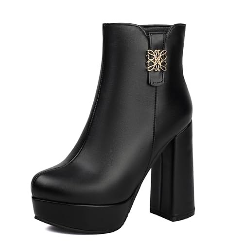 Damen Geschlossene Runde Zehen Plateau Stiefeletten Hoher Blockabsatz Stiefeletten Mit Seitlichem Reißverschluss PU Leder Kleid Schuhe,Schwarz,35 EU von Generic