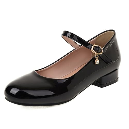 Damen Geschlossene Runde Zehenpartie Mary Janes Verstellbare Träger Ballerinas mit Schnalle Quadratisch Chunky Bequeme Business Freizeitschuhe,Schwarz,45 EU von Generic