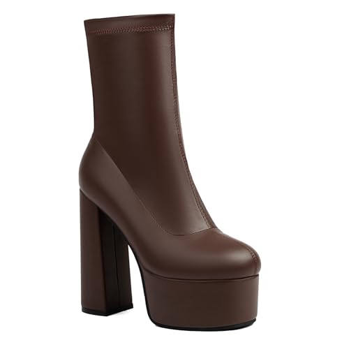 Damen Geschlossene Rundzehen Stiefel Mit Mittlerer Wadenhöhe Hoher Stämmiger Absatz Plattform Stiefeletten PU-Leder Kurze Stiefel Mit Reißverschluss,Braun,35.5 EU von Generic