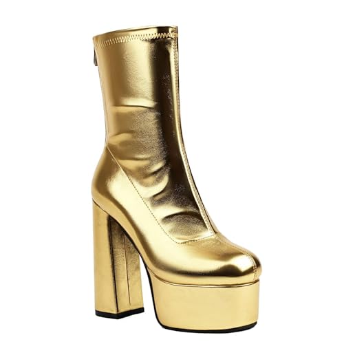 Damen Geschlossene Rundzehen Stiefel Mit Mittlerer Wadenhöhe Hoher Stämmiger Absatz Plattform Stiefeletten PU-Leder Kurze Stiefel Mit Reißverschluss,Gold,35 EU von Generic