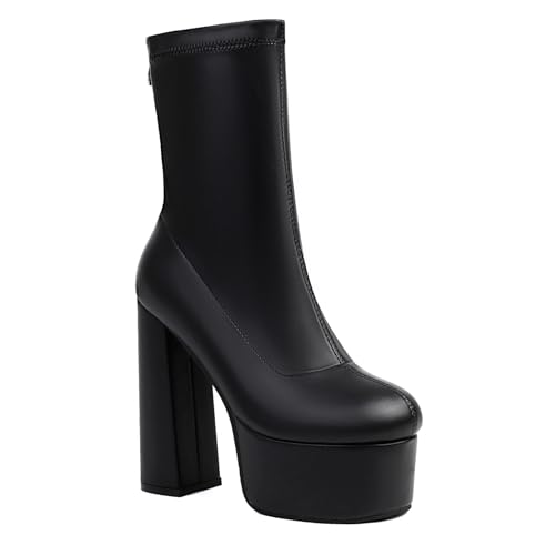 Damen Geschlossene Rundzehen Stiefel Mit Mittlerer Wadenhöhe Hoher Stämmiger Absatz Plattform Stiefeletten PU-Leder Kurze Stiefel Mit Reißverschluss,Schwarz,41 EU von Generic