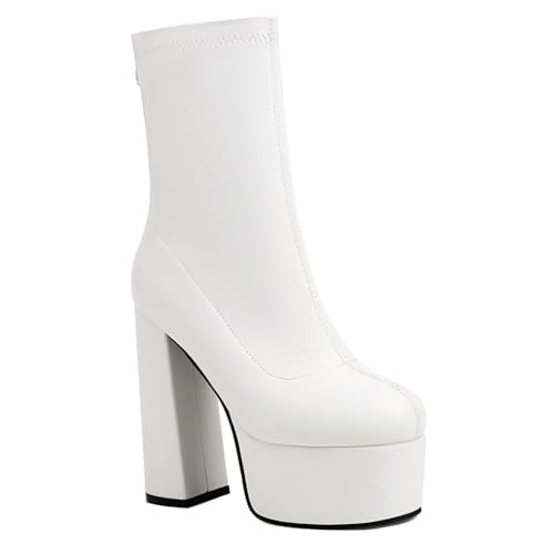 Damen Geschlossene Rundzehen Stiefel Mit Mittlerer Wadenhöhe Hoher Stämmiger Absatz Plattform Stiefeletten PU-Leder Kurze Stiefel Mit Reißverschluss,Weiß,45 EU Damen Geschlossene Rundzehen Stiefel Mit Mittlerer Wadenhöhe Hoher Stämmiger Absatz Plattform Stiefeletten PU-Leder Kurze Stiefel Mit Reißverschluss,Weiß,45 EU von Generic