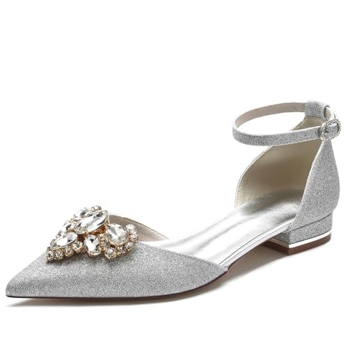 Damen Geschlossene Spitze Zehe Glitzer Brautschuhe Formelle Knöchelriemen Brautkleid Schuhe Niedrige Blockabsatz Ballerinas Mit Strass,Silber,39 EU von Generic