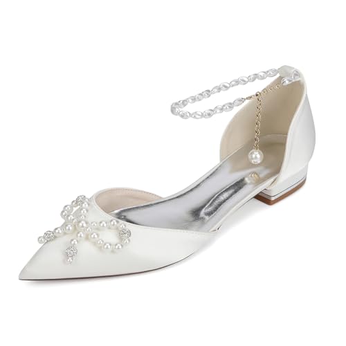 Damen Geschlossene Spitze Zehenpartie Abend Party Sandalen Mit Strass Perle Niedrige Stämmiger Absatz Flats Satin Knöchelriemen Brautjungfer Ballettschuhe,Elfenbein,42 EU Damen Geschlossene Spitze Zehenpartie Abend Party Sandalen Mit Strass Perle Niedrige Stämmiger Absatz Flats Satin Knöchelriemen Brautjungfer Ballettschuhe,Elfenbein,42 EU von Generic