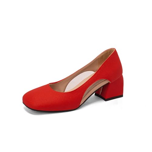Damen Geschlossene Square Toe Heels Hollow Slip On Schuhe Niedrige Chunky Square Schuhe für Dress Party Homecoming,Rot,34 EU von Generic