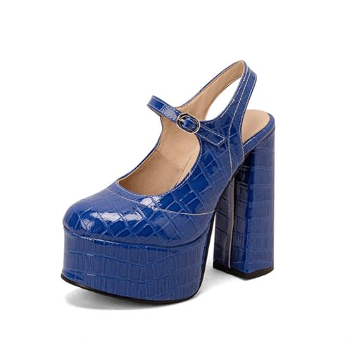 Damen Geschlossenes Runde Zehen PU-Leder Kleid Pumps Blockabsatz Slingback Sommersandalen Knöchelriemen Plateausandalen Mit Schnalle,Blau,37 EU von Generic