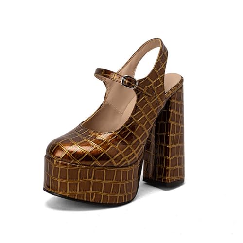 Damen Geschlossenes Runde Zehen PU-Leder Kleid Pumps Blockabsatz Slingback Sommersandalen Knöchelriemen Plateausandalen Mit Schnalle,Braun,38 EU von Generic