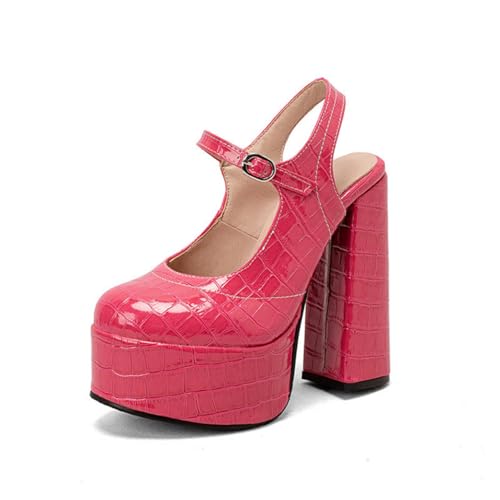Damen Geschlossenes Runde Zehen PU-Leder Kleid Pumps Blockabsatz Slingback Sommersandalen Knöchelriemen Plateausandalen Mit Schnalle,Fuchsia,44 EU von Generic