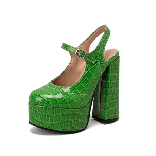 Damen Geschlossenes Runde Zehen PU-Leder Kleid Pumps Blockabsatz Slingback Sommersandalen Knöchelriemen Plateausandalen Mit Schnalle,Grün,36 EU von Generic