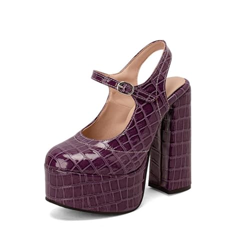 Damen Geschlossenes Runde Zehen PU-Leder Kleid Pumps Blockabsatz Slingback Sommersandalen Knöchelriemen Plateausandalen Mit Schnalle,Lila,45 EU von Generic