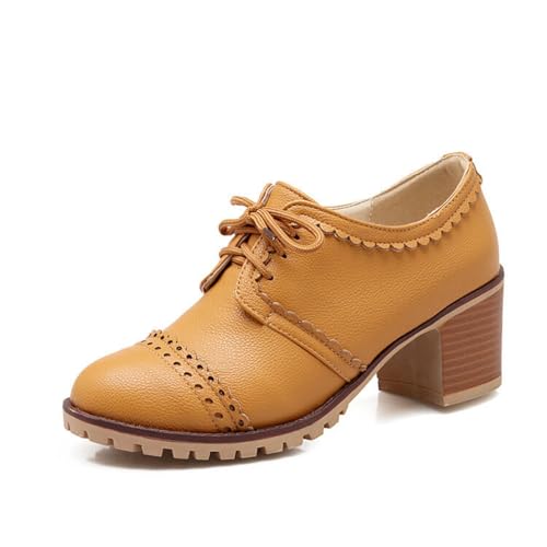 Damen Geschlossenes Runde Zehen PU-Leder Kleid Pumps Schnüren Brogue Oxfords Hoher Blockabsatz Vintage-Schuhe,Gelb,41 EU von Generic