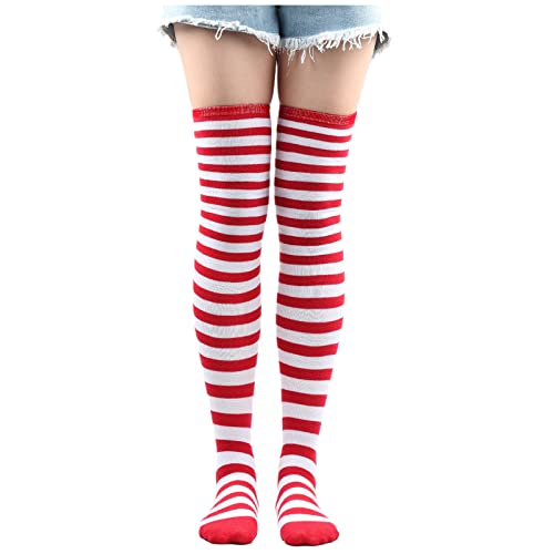 Damen Gestreifte Overknees Strümpfe Ringelstrümpfe Überknie Kniestrümpfe Overknee-Strümpfe, Baumwolle Lange Gestreifte Socken Hoch Booten Strümpfe Karneval Cosplay 80er (Watermelon Red, One Size) von Generic