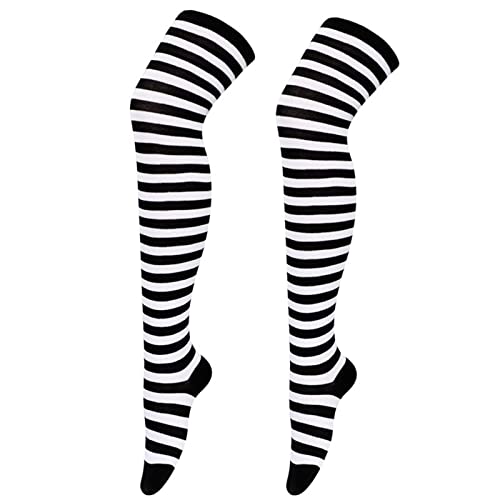 Damen Gestreifte Overknees Strümpfe Ringelstrümpfe Überknie Kniestrümpfe Overknee-Strümpfe, Baumwolle Lange Gestreifte Socken Hoch Booten Strümpfe Karneval Cosplay 80er Jahre (Black, One Size) von Generic