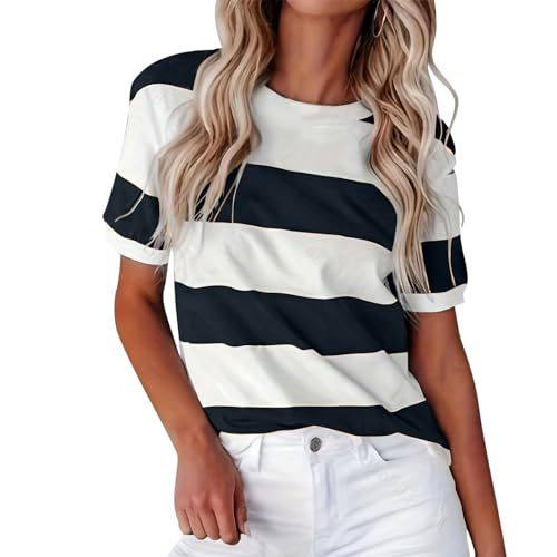 Damen Gestreifte Tshirt Halbarm Loose-Gestreift Shirt Streifen Kurzarm Rundhals- Schwarz Weiß Streifenshirt Große Größen Lässig Gestreiftes Shirt Sommer T Shirt Oberteile Fit Tshirt von Generic