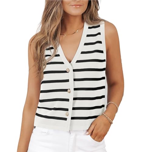 Damen Gestreiftes Oberteil Kurze Mode Ärmellose Strick Gestreifte Pullover Weste 2024 Sommer Schlanke Ärmellose Knopf Strickjacke Pullover Weste,Weiß,S von Generic